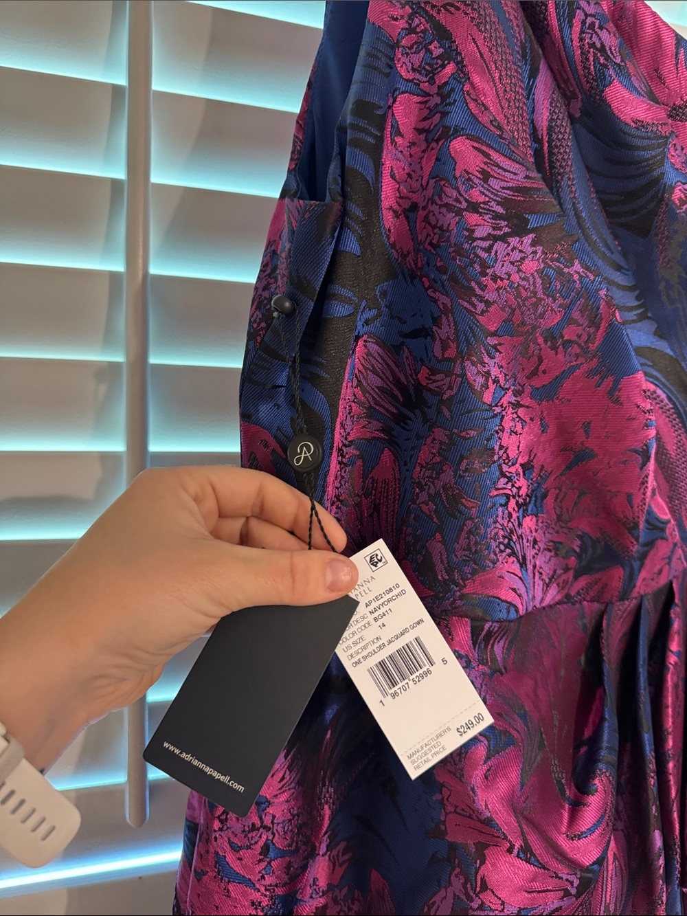 Adrianna Papell One-Shoulder Floral Gown in Fuchsia and Navy - Picture 2 of 4